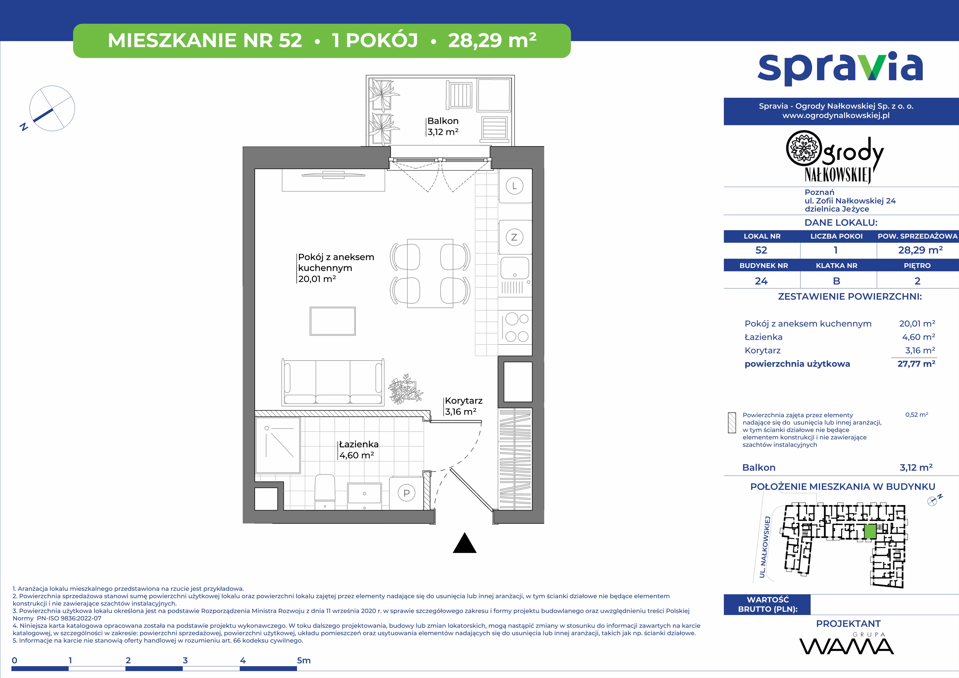 1 pokój, mieszkanie 28,29 m², piętro 2, oferta nr 24-52, Ogrody Nałkowskiej, Poznań, Ogrody, ul. Nałkowskiej 24, 26